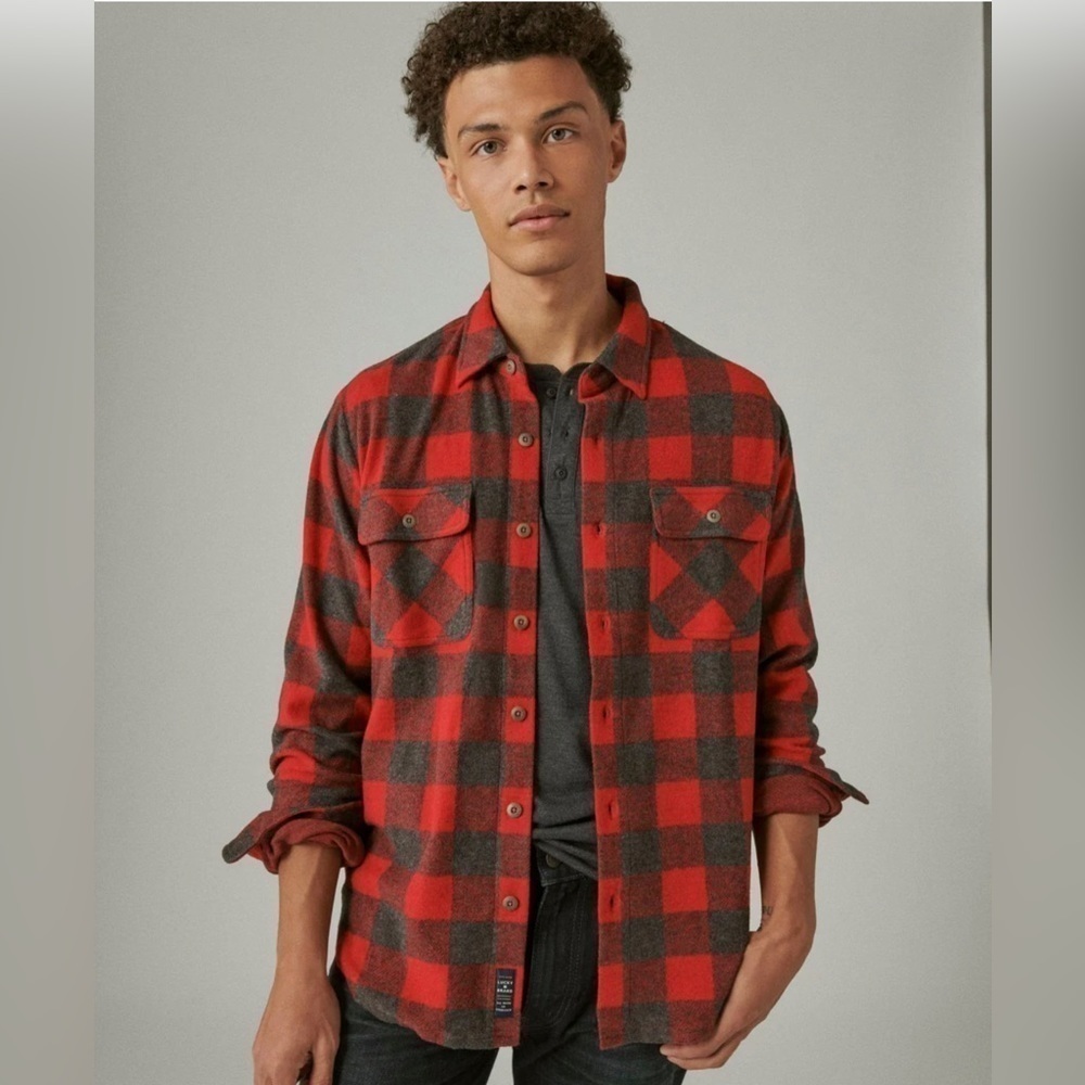 LUCKY BRAND Men’s Red Buffalo Plaid Long Sleeve Button Down Shacket
